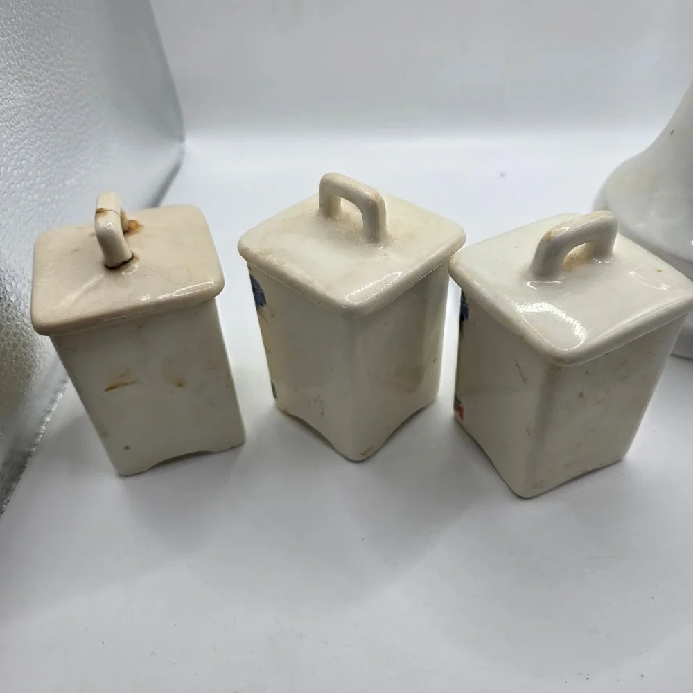 Vintage Ceramic Spice Jar Set Nutmeg Allspice Pepper & Bird Syrup Pitcher 4pc